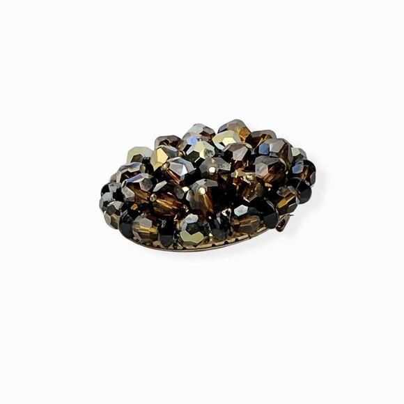 Vintage Brooch And Cluster Clip Earrings Brown AB Rhinestones Beads Gold Tone - Picture 11 of 13